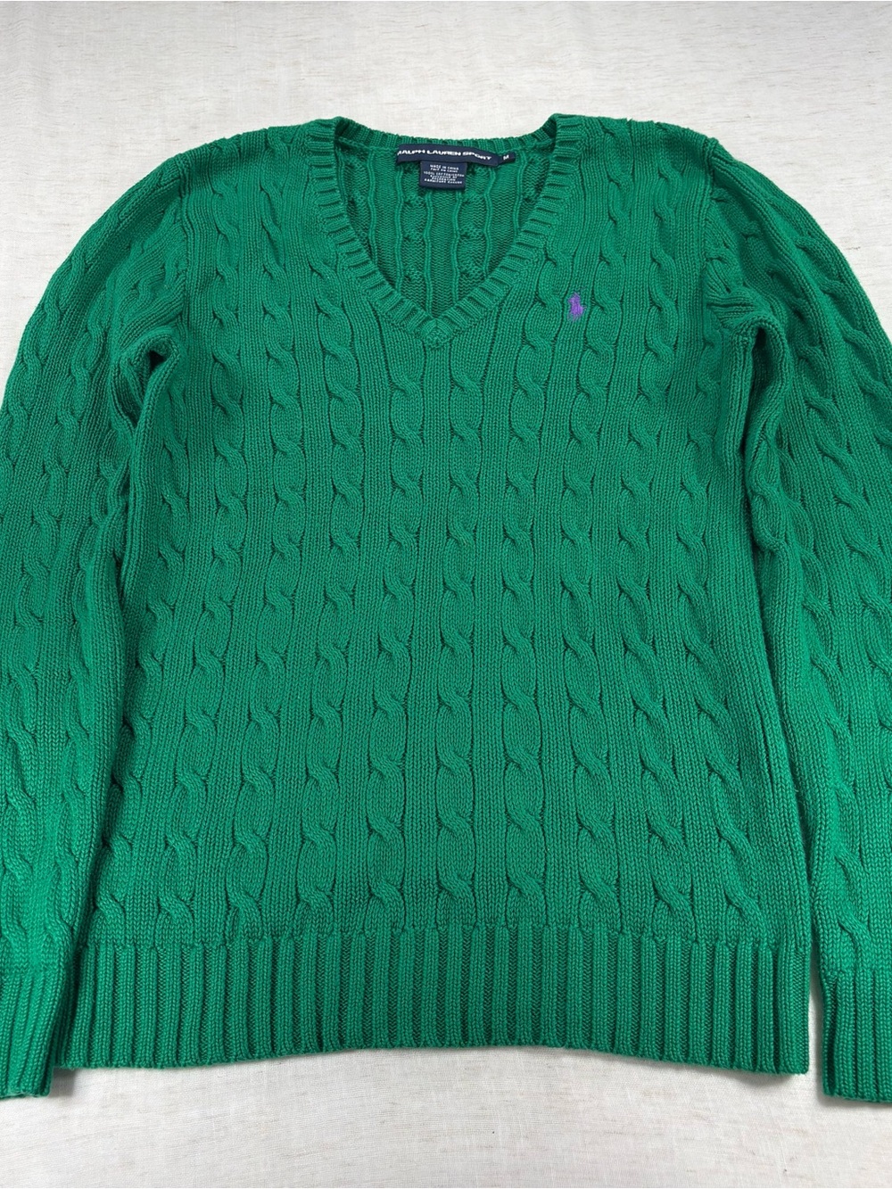 Y2k Ralph Lauren Sport Green Cable-Knit V-Neck Sweater